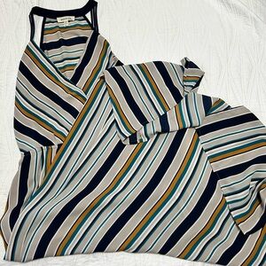 Monteau Striped Maxi Dress Size L Sleeveless Wrap Front Navy Teal